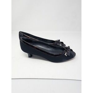 Stuart Weitzman peep toe kitten black Crepe and Faux tortoise print Bow 7.5